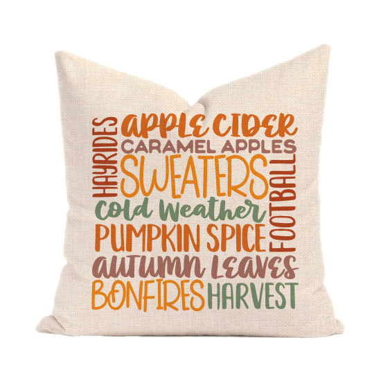 Autumn -Themed Typographic Pillow - Wheat Polyester Linen - Farmhouse Decorative Throw Pillow Cover