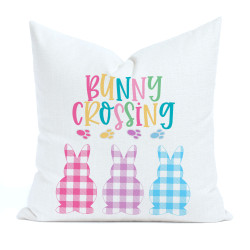 Bunny Crossing - Farmhouse Easter - Pastel Gingham Plaid Bunny Cutouts - Decorative Throw Pillow Cover