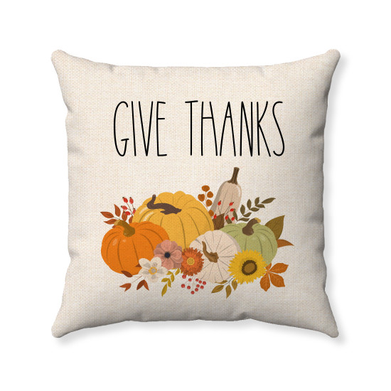 Give Thanks  - Pumpkin Patch - Thanksgiving Farmhouse -  Wheat Polyester Linen - Decorative Throw Pillow Cover