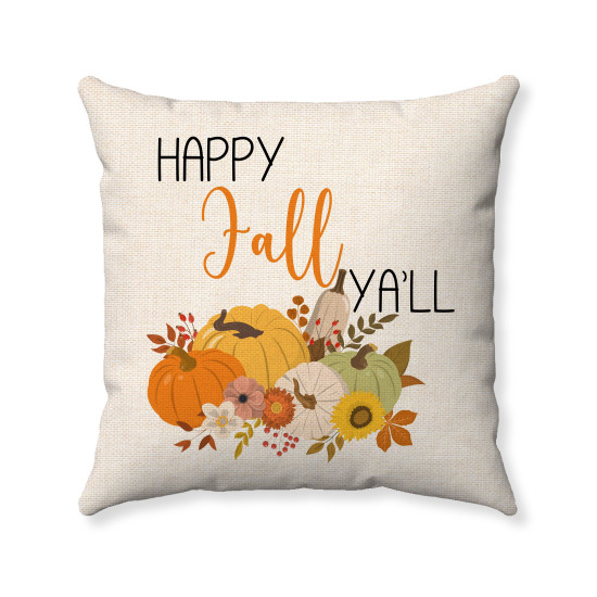 Happy Fall Ya'll - Pumpkin Patch - Autumn Farmhouse -  Wheat Polyester Linen - Decorative Throw Pillow