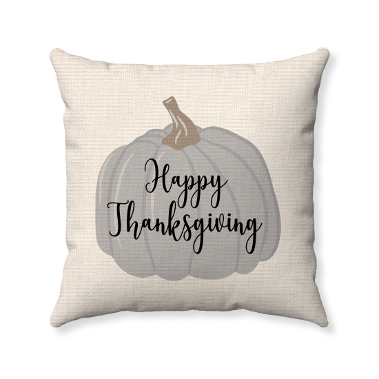 Happy Thanksgiving - Gray Pumpkin Pillow on Wheat Polyester Linen - Farmhouse Inspired