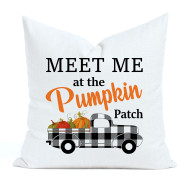 Meet Me at the Pumpkin Patch - Plaid Accented Truck - White Polyester Linen - Decorative Throw Pillow Cover