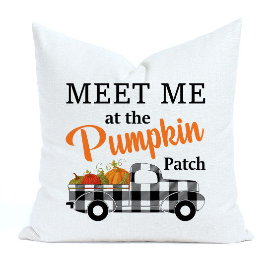 Meet Me at the Pumpkin Patch - Plaid Accented Truck - White Polyester Linen - Decorative Throw Pillow Cover