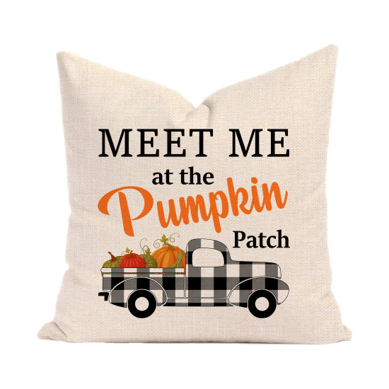 Farmhouse Style - Meet Me at the Pumpkin Patch - Plaid Accented Truck - Decorative Throw Pillow Cover